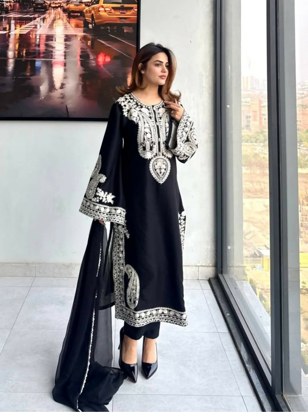 Teeya Creation Womenes New Trendy Heavy Embroidery Work Kurta Palazzo Set - Black