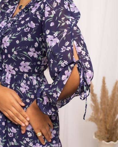 FIORRA Women's Blue Georgette Floral Printed Western Dress 