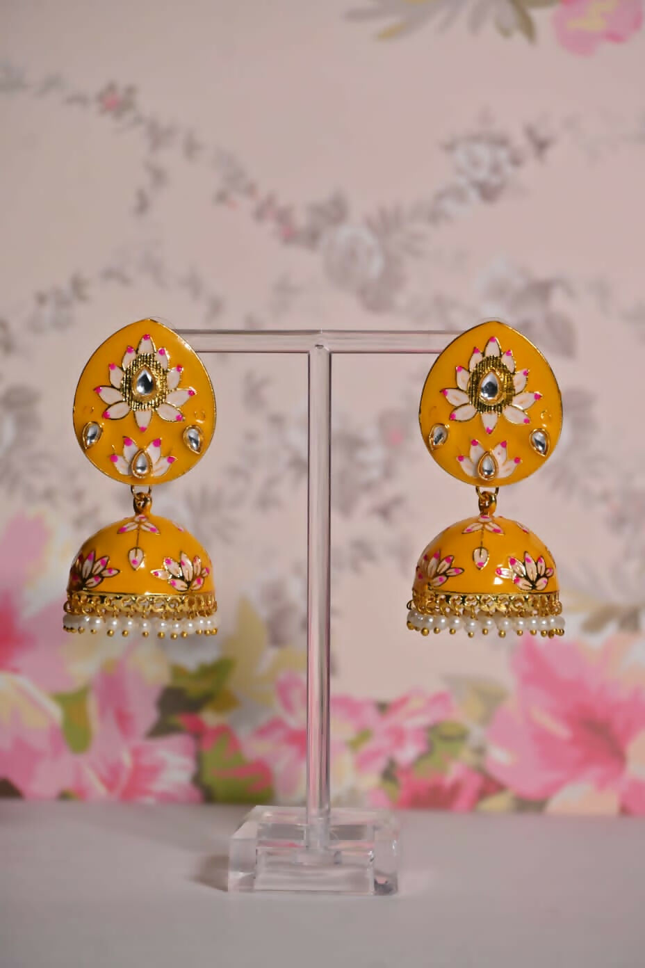 Yellow Hand Painted Ethnic Meenakari Jhumki Earrings By House of Ree House of Ree