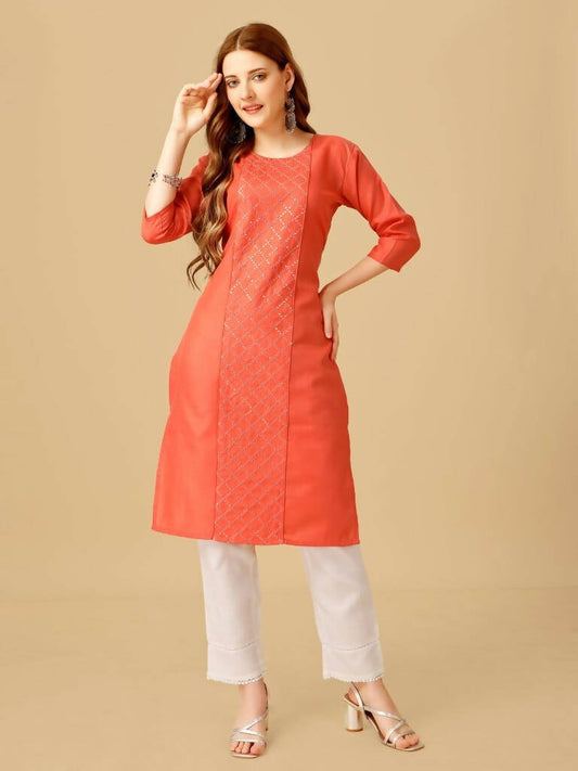 Aastha Fashion Women's Coral Cotton Blend Embroidered Kurta Pant Set - Grab2buy