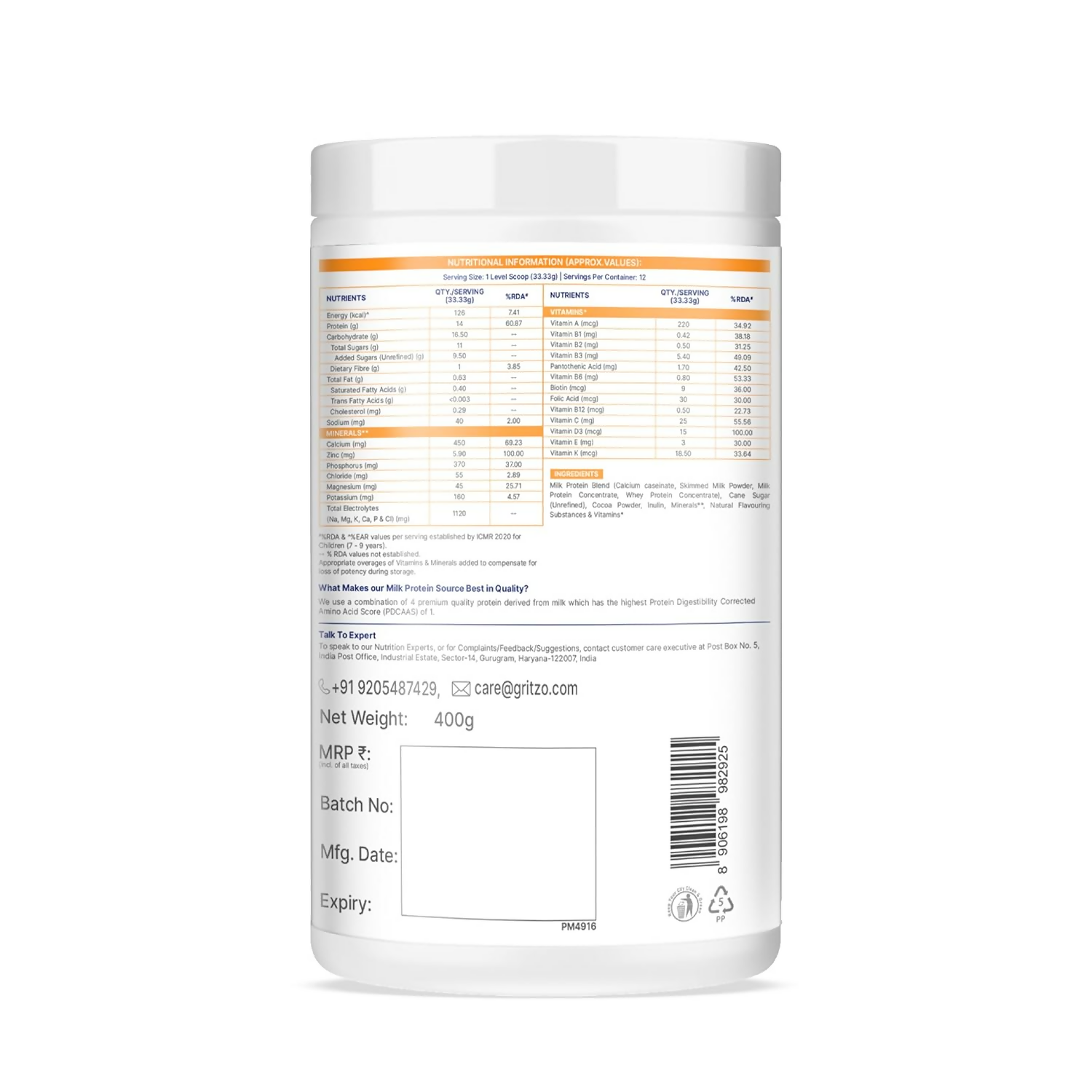 Gritzo SuperMilk Athlete (7-12y Boy & Girl), 14g Protein Powder (Double Chocolate)
