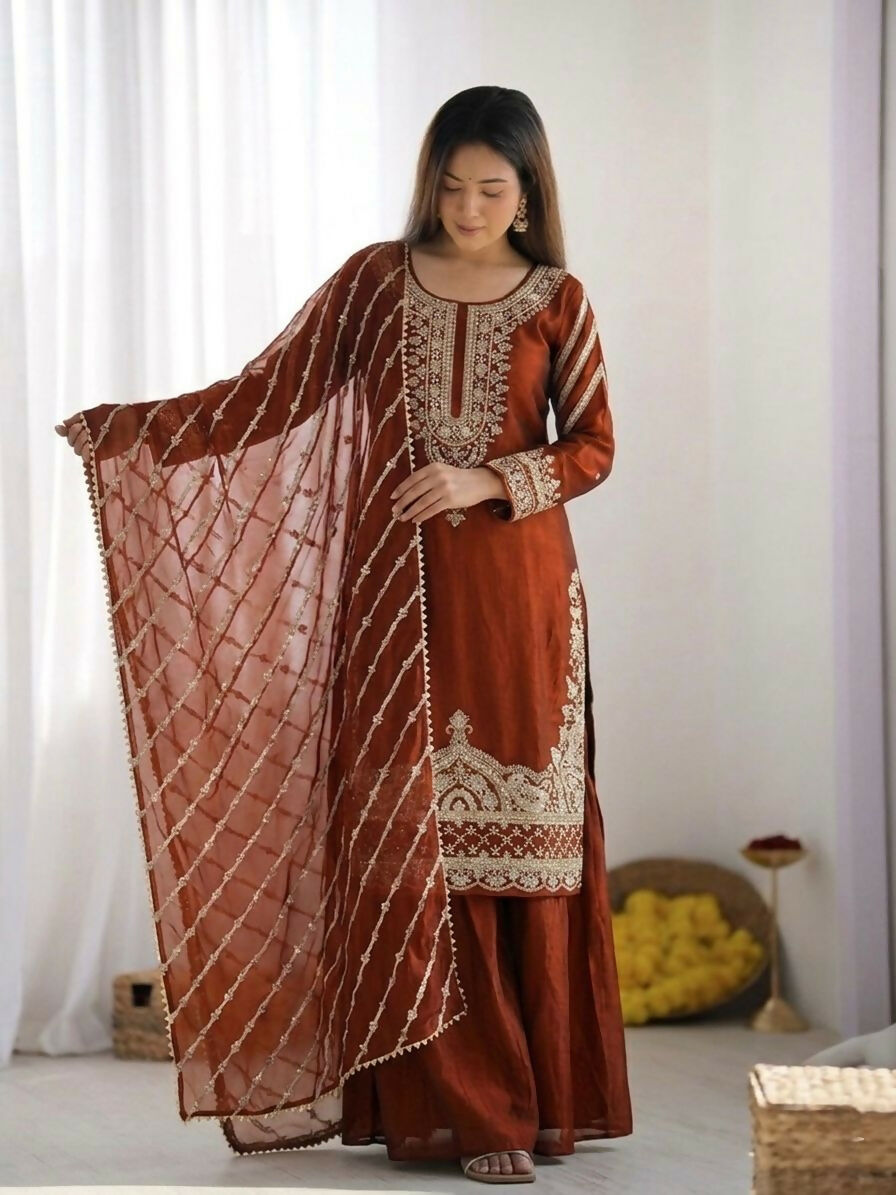 Teeya Creation New latest Trendy Embroidery Beads Work Kurta Sharara Set - Orange