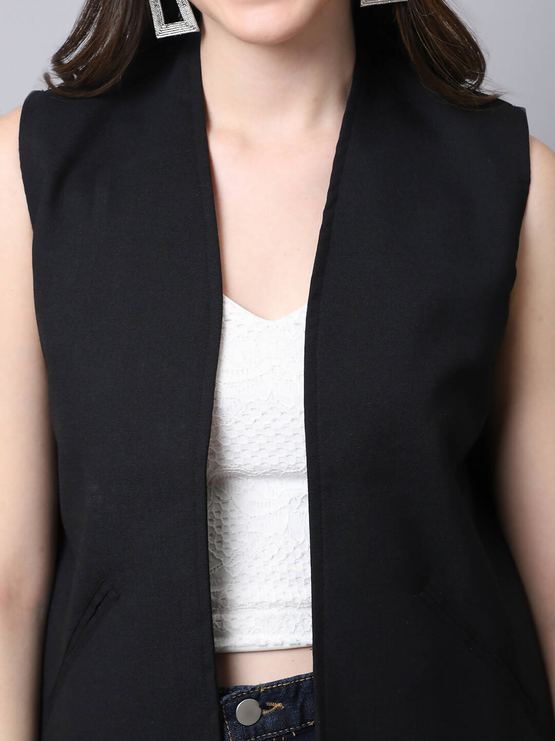 Even Apparels Black Linen Cotton Open Front Women's Waistcoat 