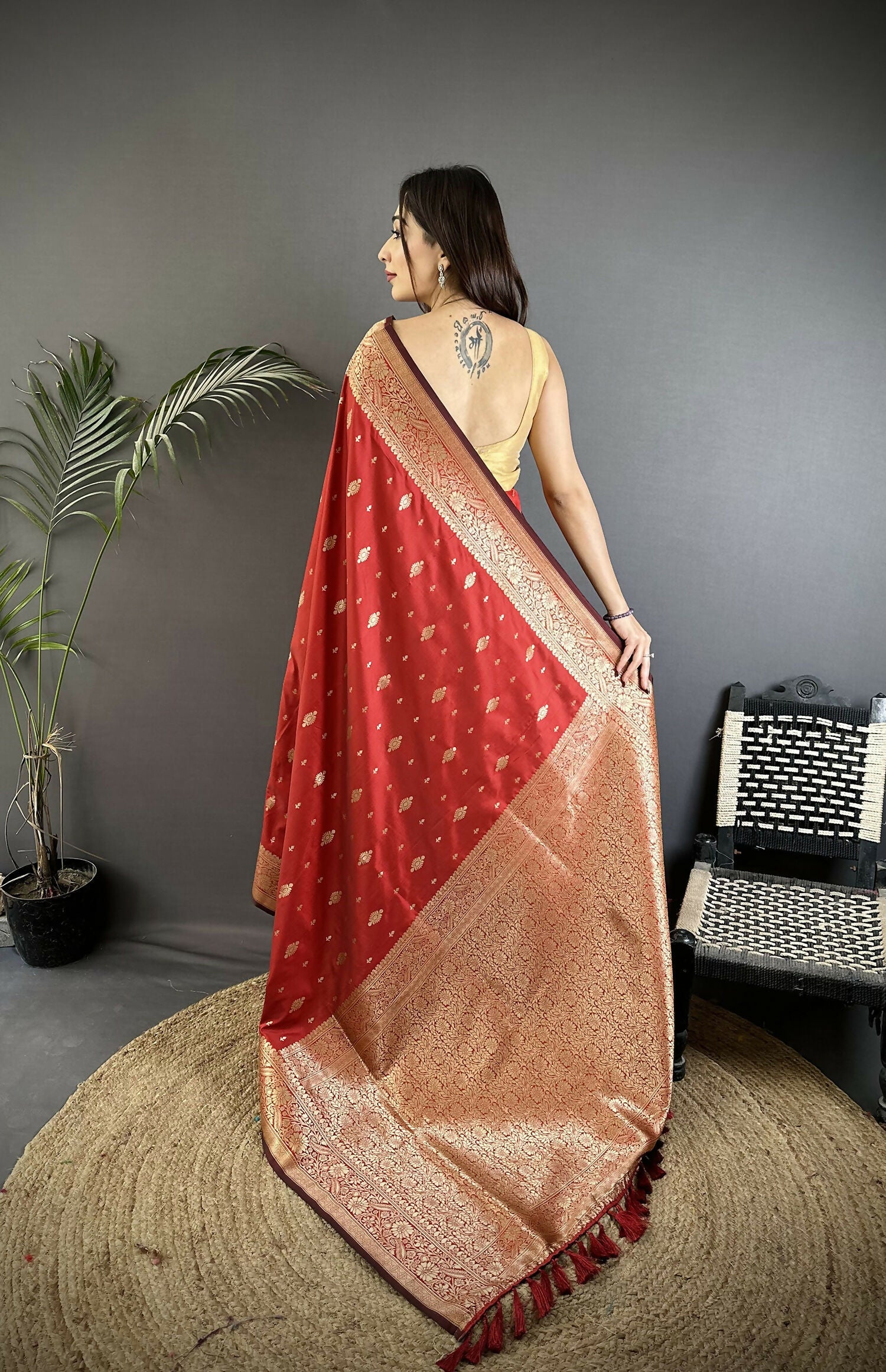 Joban Fashion Red Zari Weaving Motif Lichi Silk Banarasi Silk Saree