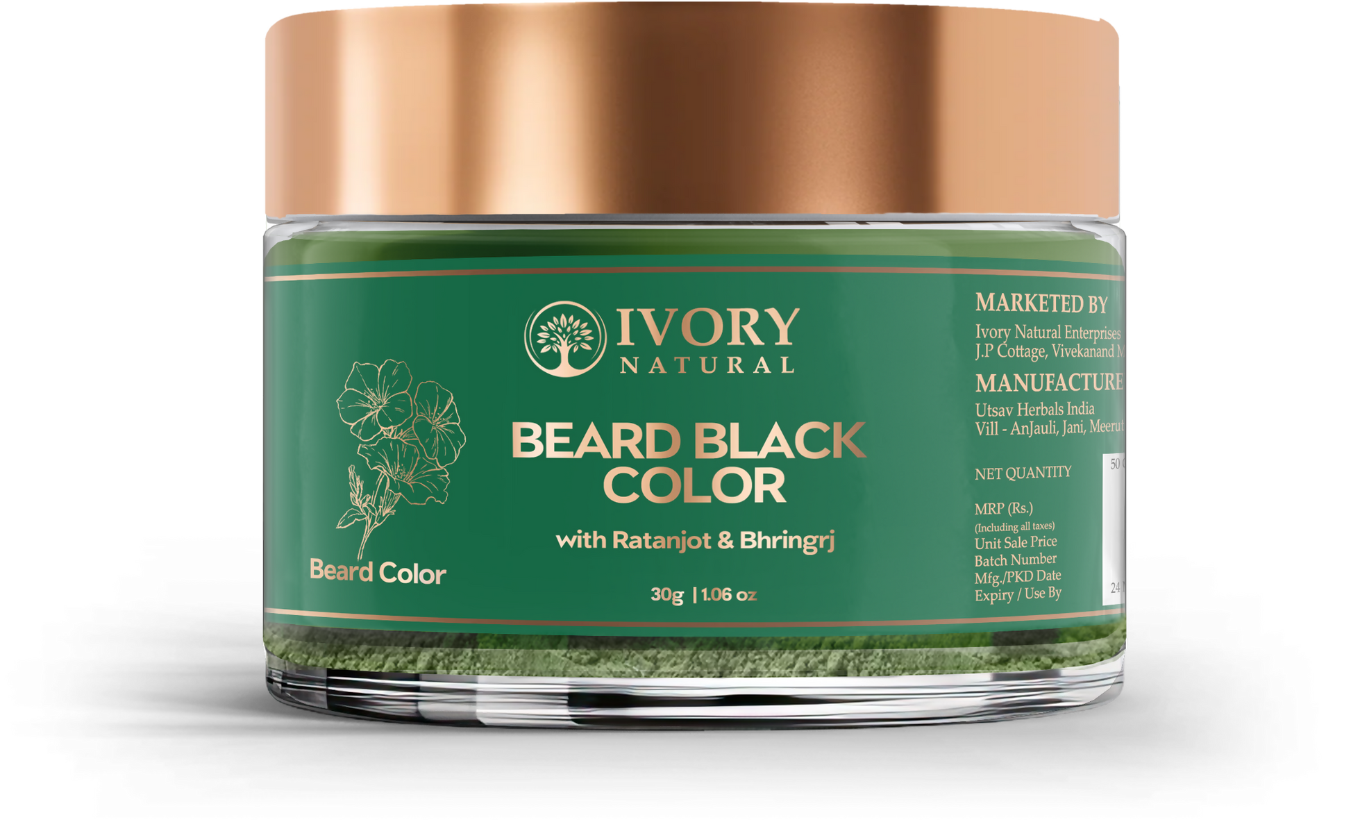 Ivory Natural Beard Black Color Organic - Instant Natural Plant Based Beard Color Powder 