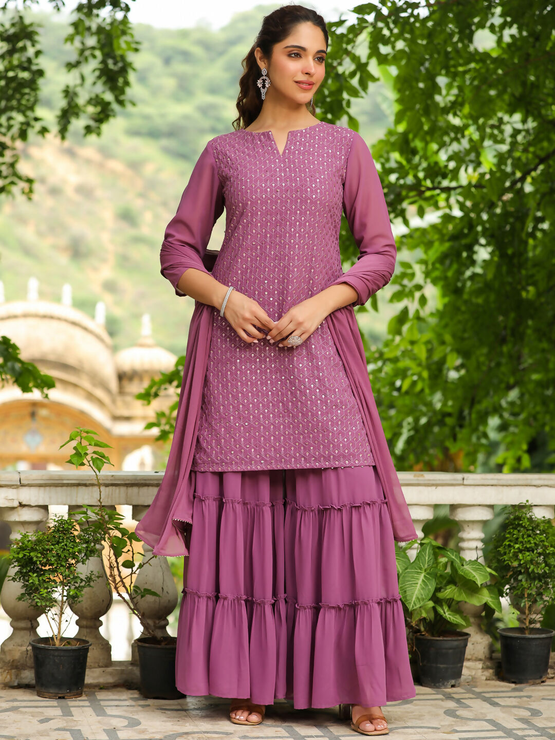 Janasya Lavender Georgette Embroidered Kurta,Bottom & Dupatta 