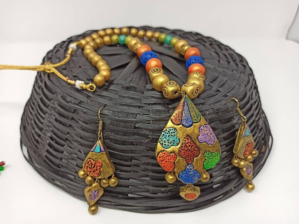 Terracotta Multi Colour Boho Style Neckset With Matching Earrings-Multi Colour