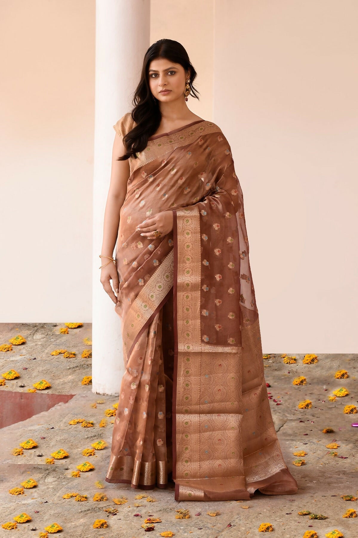 Joban Fashion Copper Pure Banarasi Tissue Saree | Swadesiicart
