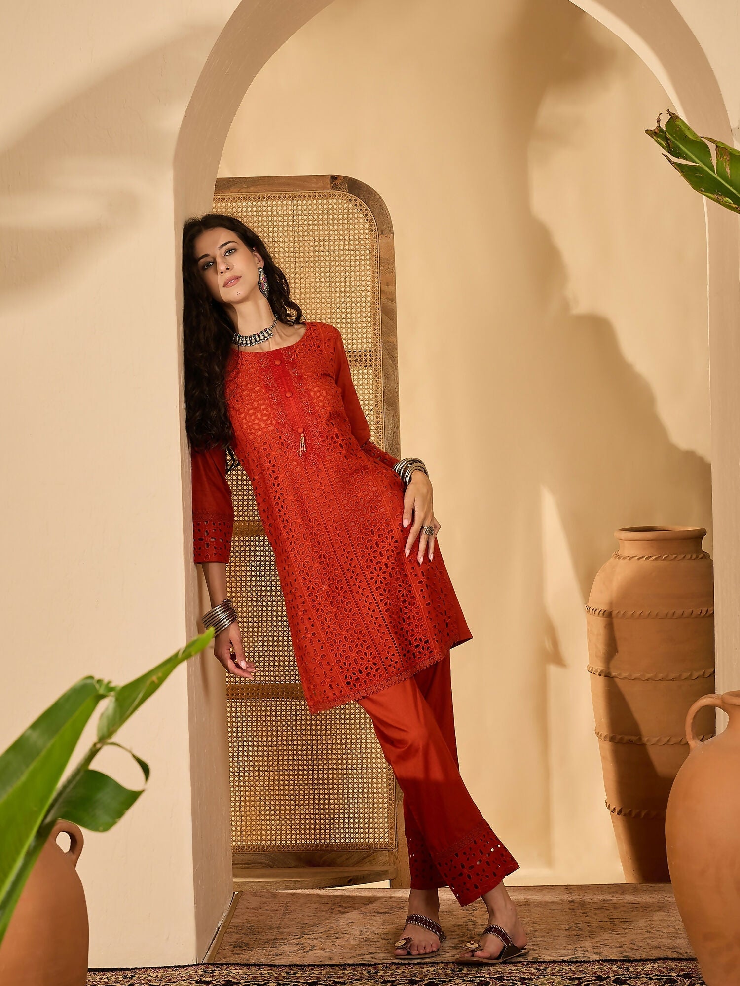 Joban Fashion Embroidery Rust Pure Cotton Cord Set