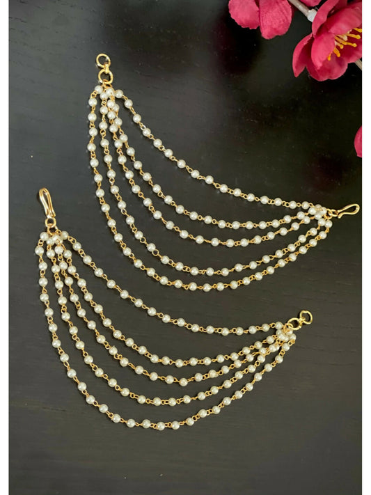NVR Pearl Studded Classic Gold-Polished 5 Line Ear Chain Ear Cuff 
