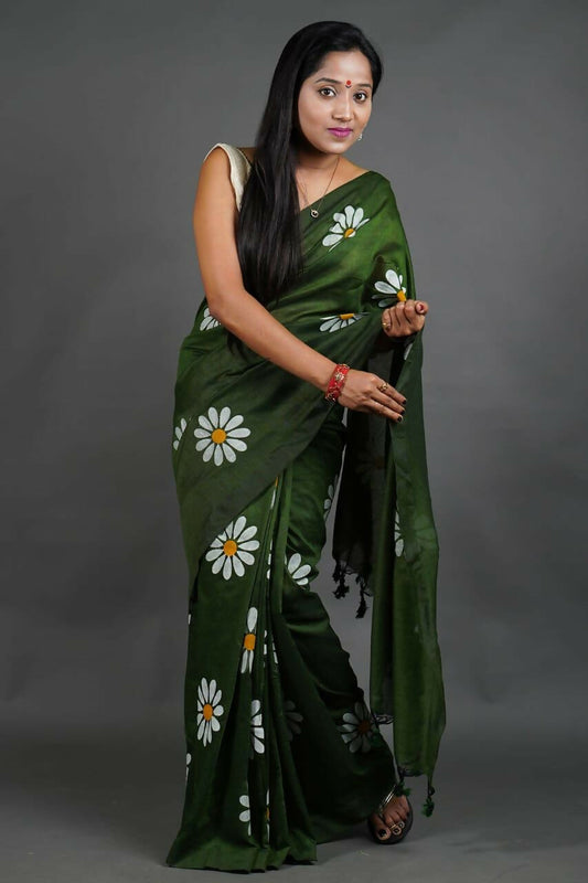 Exclusive Collection Deep Green Pure Cotton Grab2Buy With Sunflower Design 