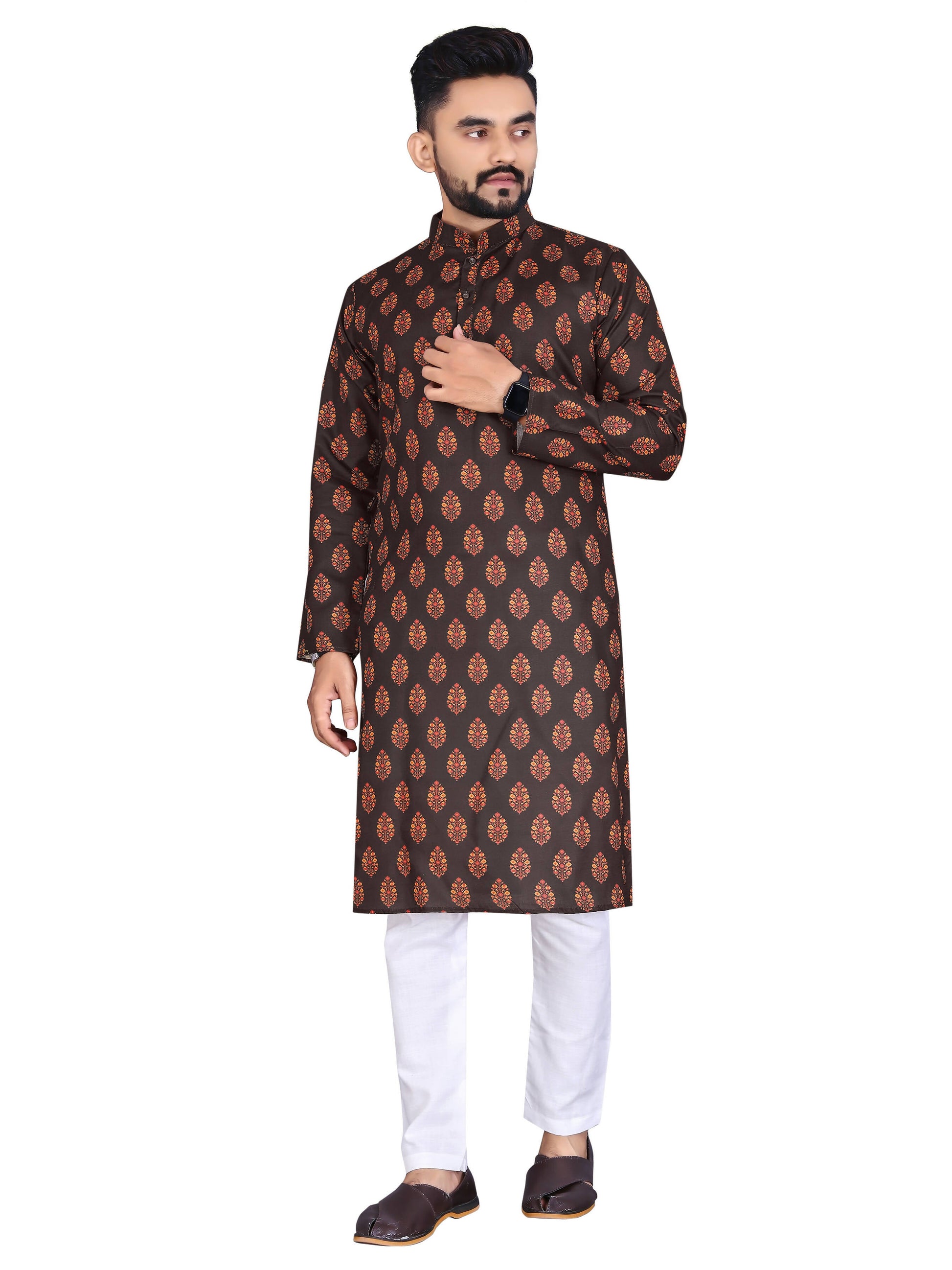 Mens Brown Cotton Printed Kurta - Mahotsav
