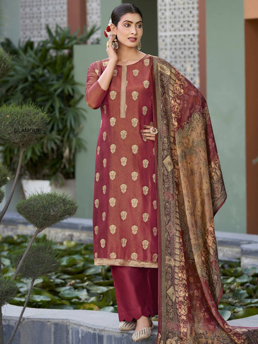 Aastha Fashion Women's Maroon Pure Silk Elegant Jacquard Woven Kurta with Trouser & Dupatta - Grab2buy