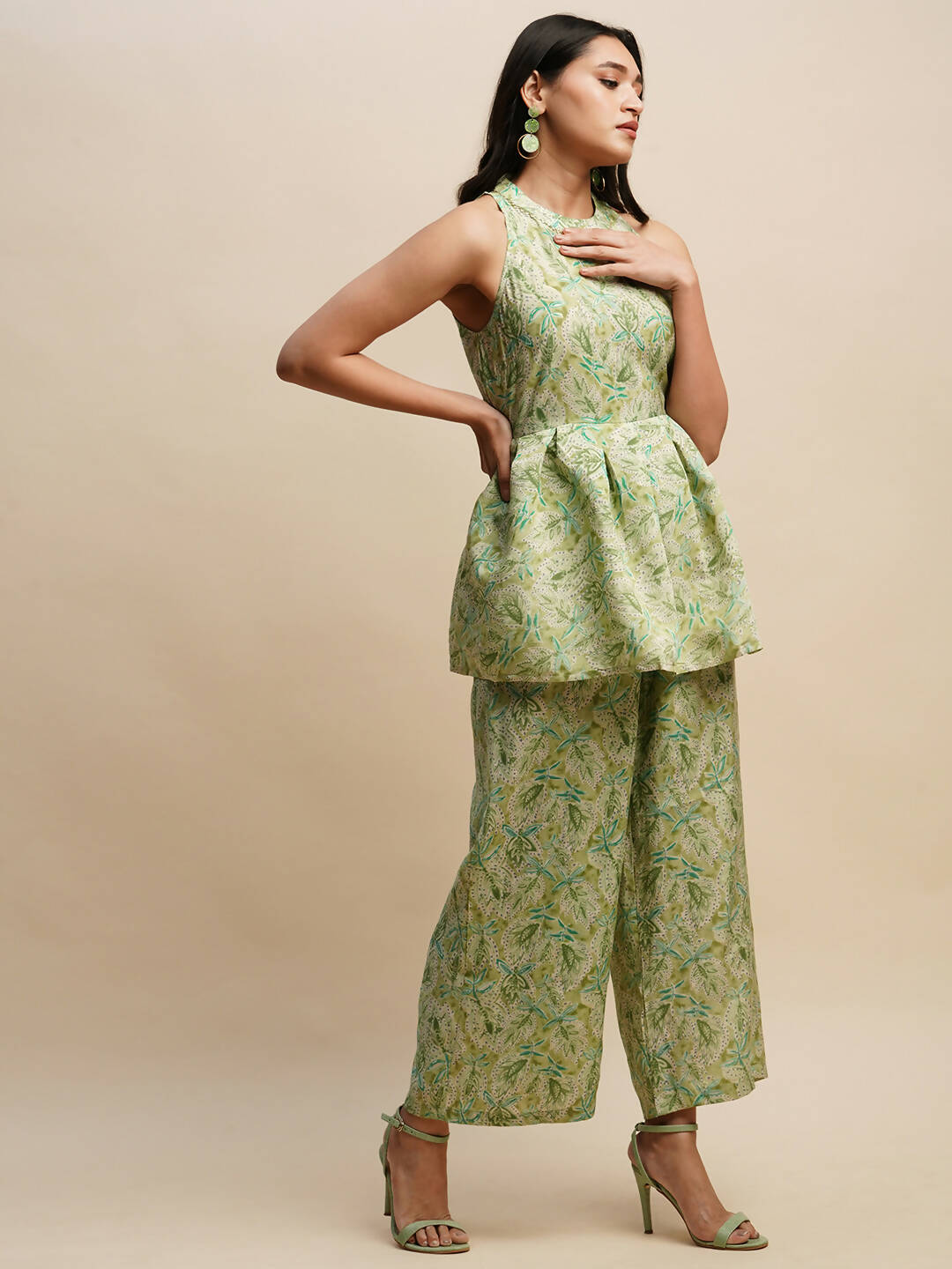 Green Poly Rayon Floral Printed Top with Matching Trouser - Shivani