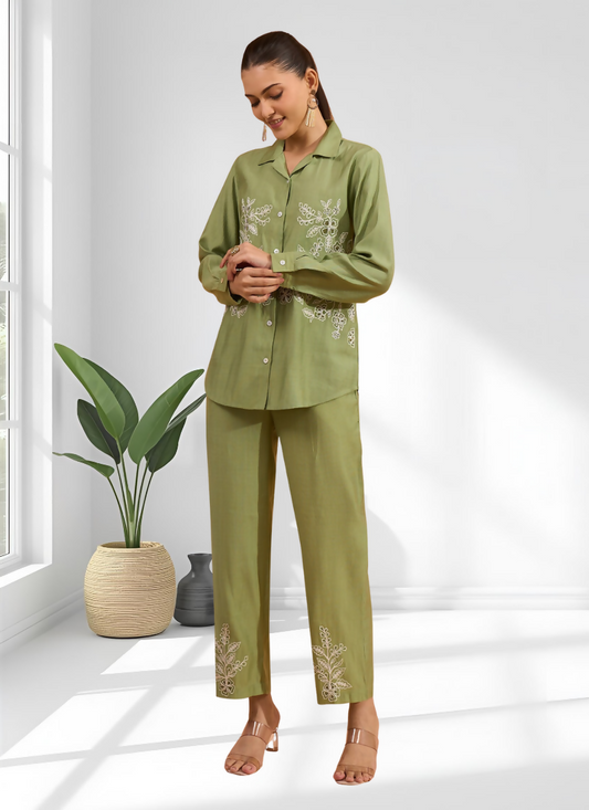 Joban Fashion Green Silk Embroidered Readymade Cord Set