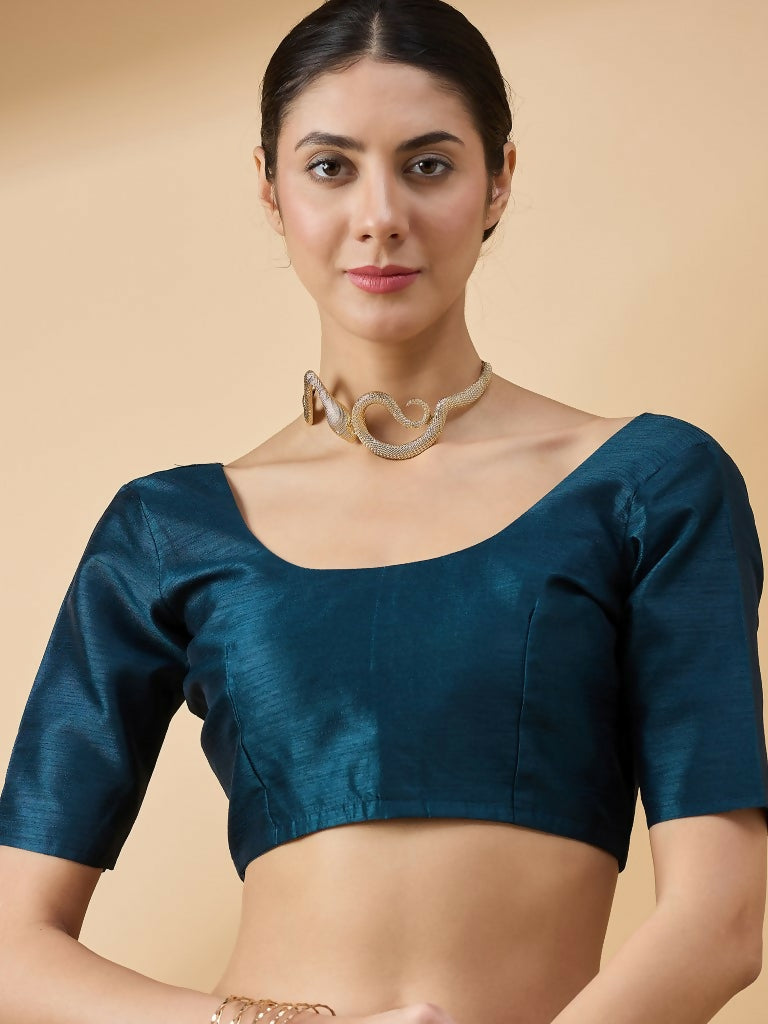 Teal Cotton Blend Thread Embroidered Saree with Unstitched Blouse - Satya