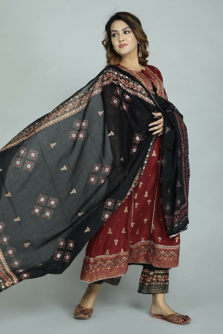 Alvano Women's Stylish Anarkali Kurti with Pant and Dupatta for Women and Girls (Maroon)