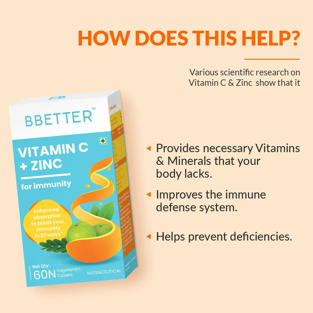 BBETTER Vitamin C and Zinc Tablets for Immunity & Skin Health 