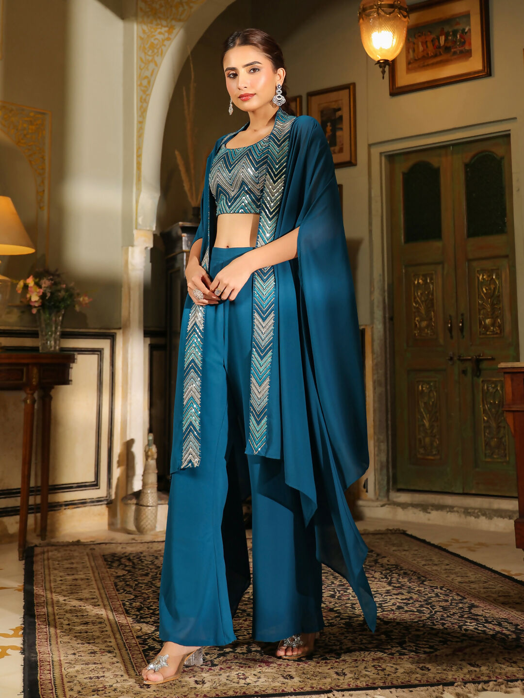 Janasya Teal Blue Georgette Embroidered Top Bottom Cape 