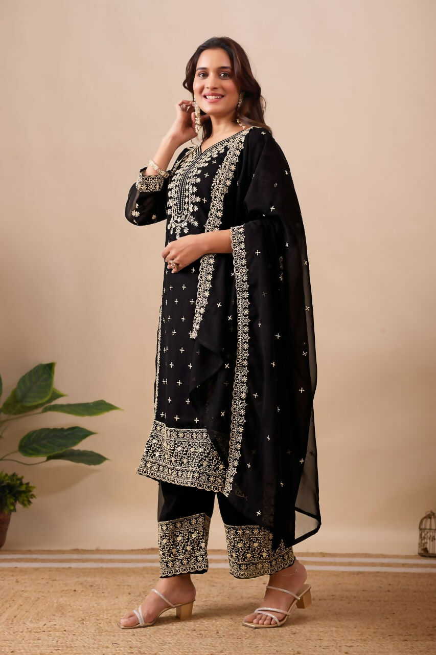 Joban Fashion Black Velvet Embroidery Sequence Work Readymade Kurta Set