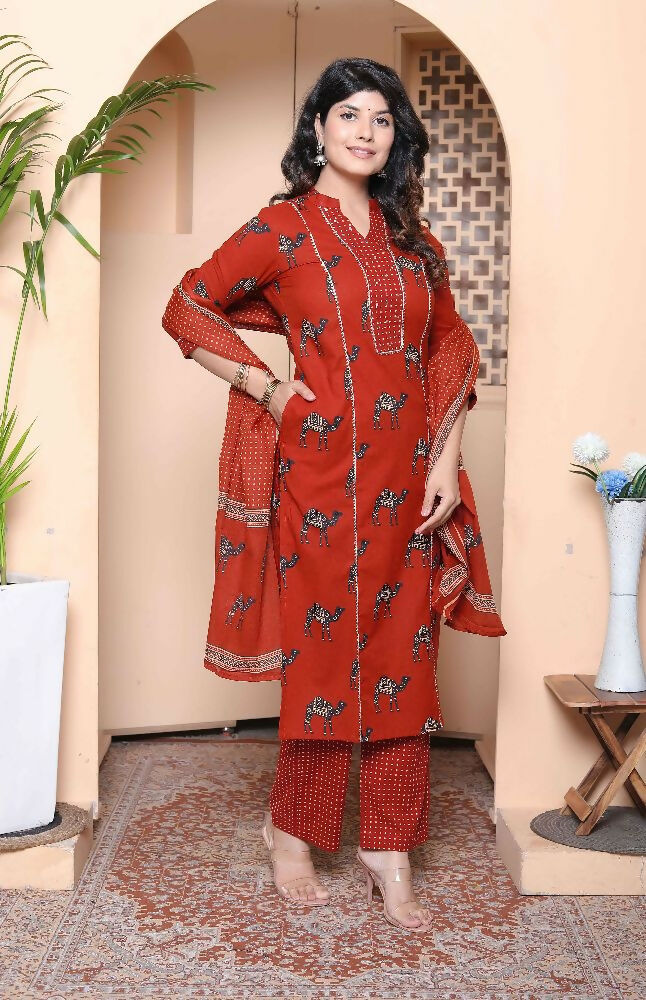Miravan Womens Pure Cotton Animal Printed Straight Kurta With Palazzo & Dupatta Set
