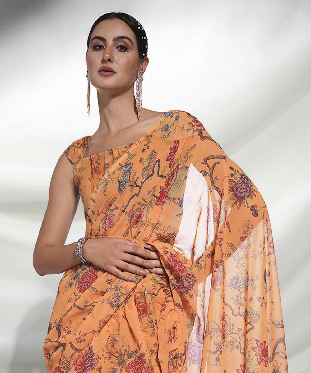 Orange Georgette Floral Printed Saree With Unstitched Blouse Piece - Rajal