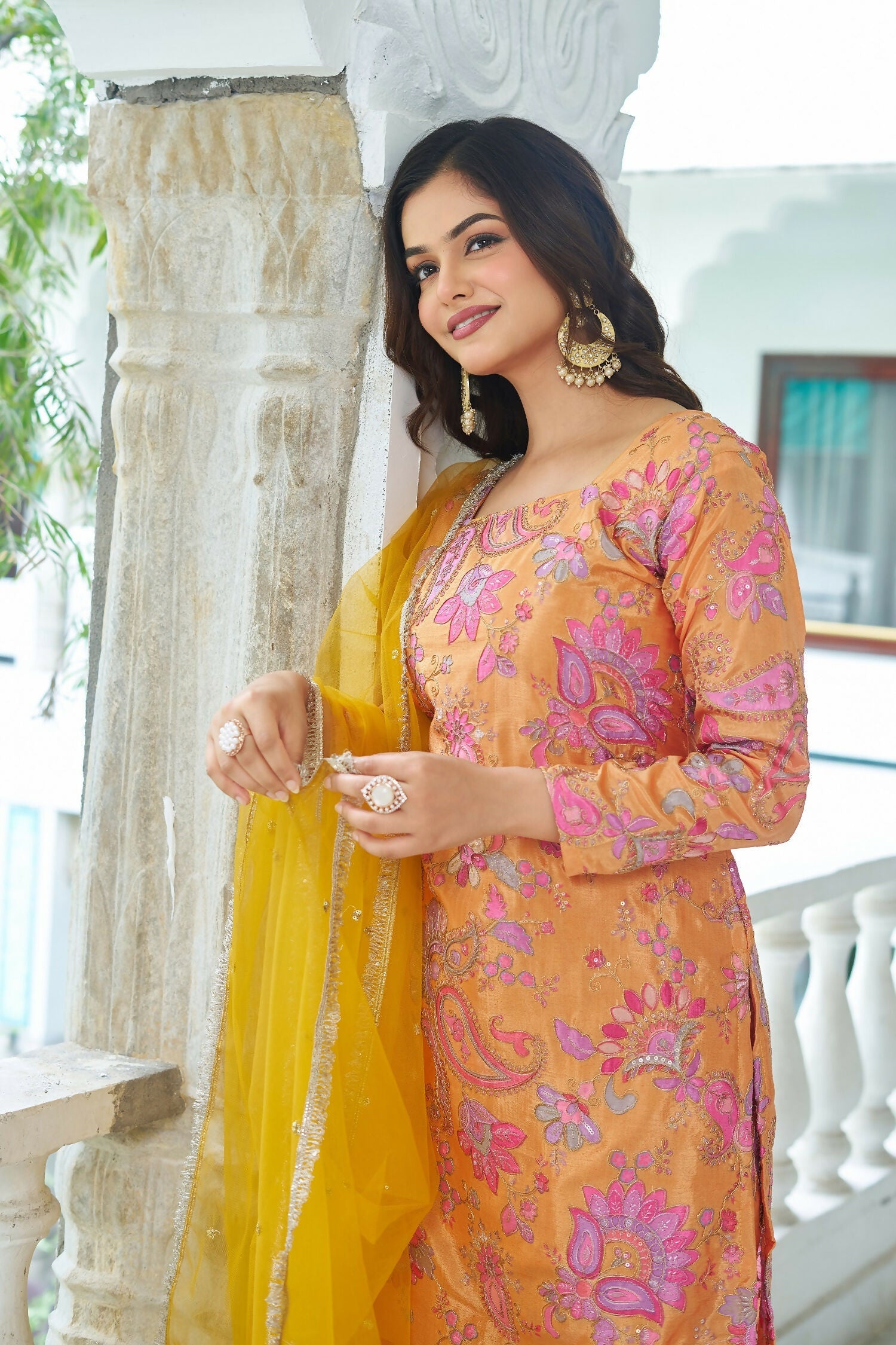 Joban Fashion Yellow Chinnon Embroidery Sequence Work Readymade Kurta Set