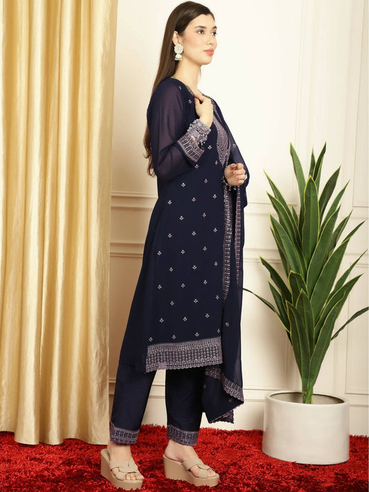 Aastha Fashion Women's Navy Blue Georgette Resham Thread & Sequin Kurta with Trouser & Dupatta - Grab2buy