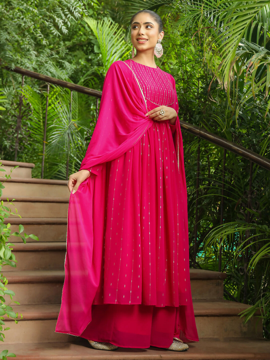 Janasya Pink Georgette Foil Print Kurta,Bottom & Dupatta 