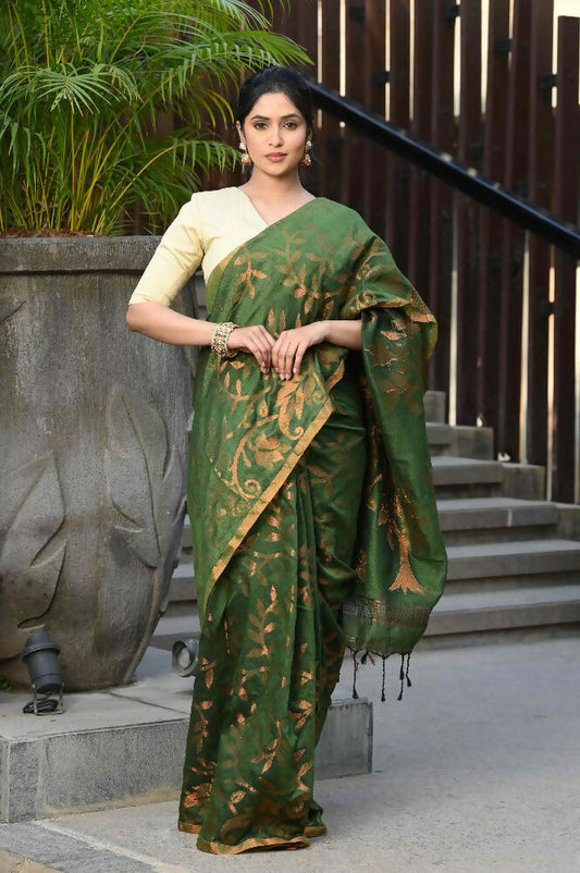 Beatitude Green Cotton Floral Jamdani Saree