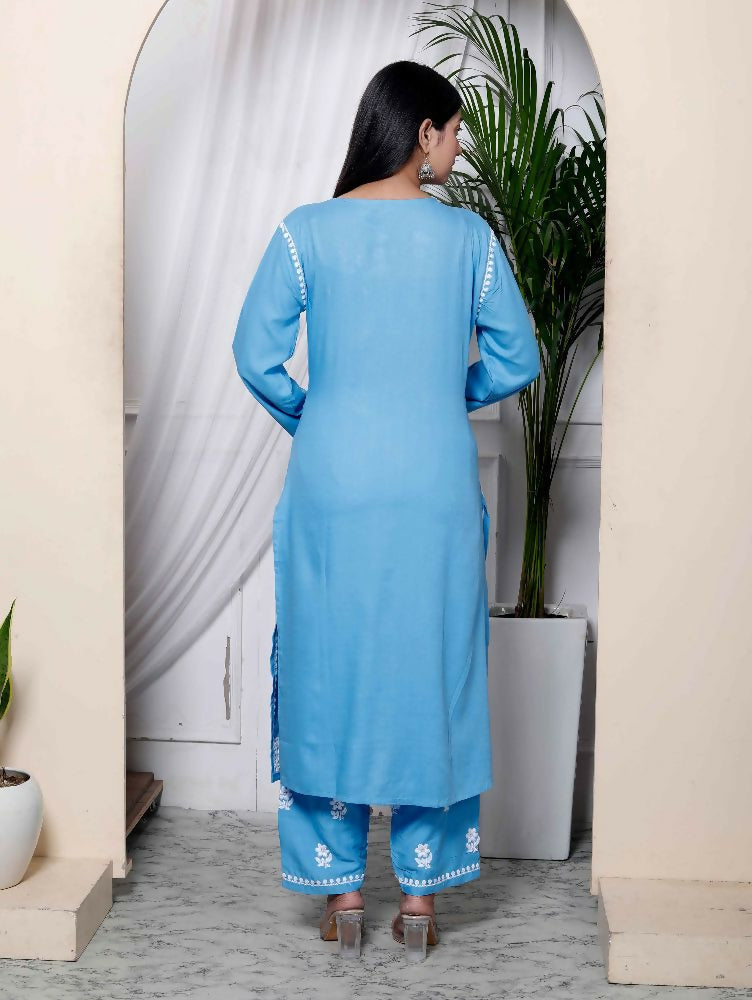 Miravan Womens Blue Embroidered Kurta With Palazzo