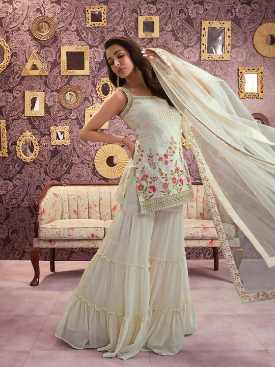 Vastranavya Malaika Arora Cream Georgette Embroidered Sequins Palazzo Suit  Grab2Buy Vastranavya Grab2Buy