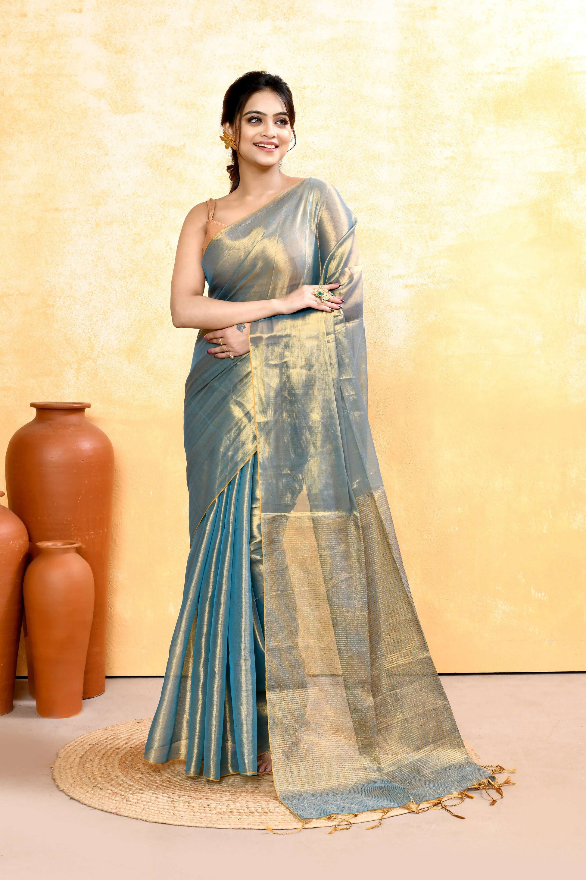 Piyari Fashion Women's Copper Turquoise Dual Tone Organic Tissue Saree With Blouse Piece
