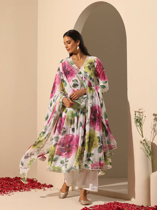 Pomcha Jaipur White Gul Gulistan Anarkali Set 