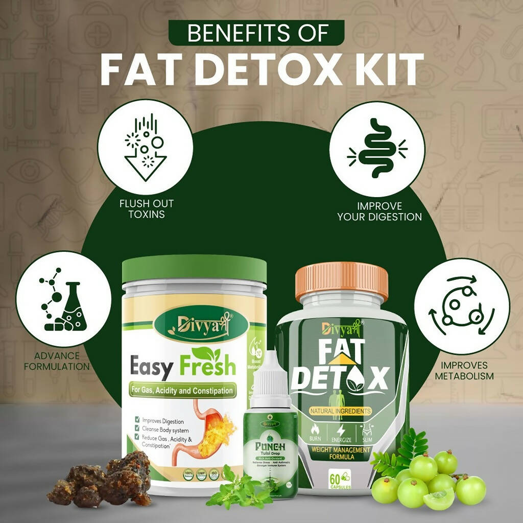 Divya Shree Fat Detox Capsule + Easy Fresh Powder & Punch Tulsi Drop Gas Combo Kit 