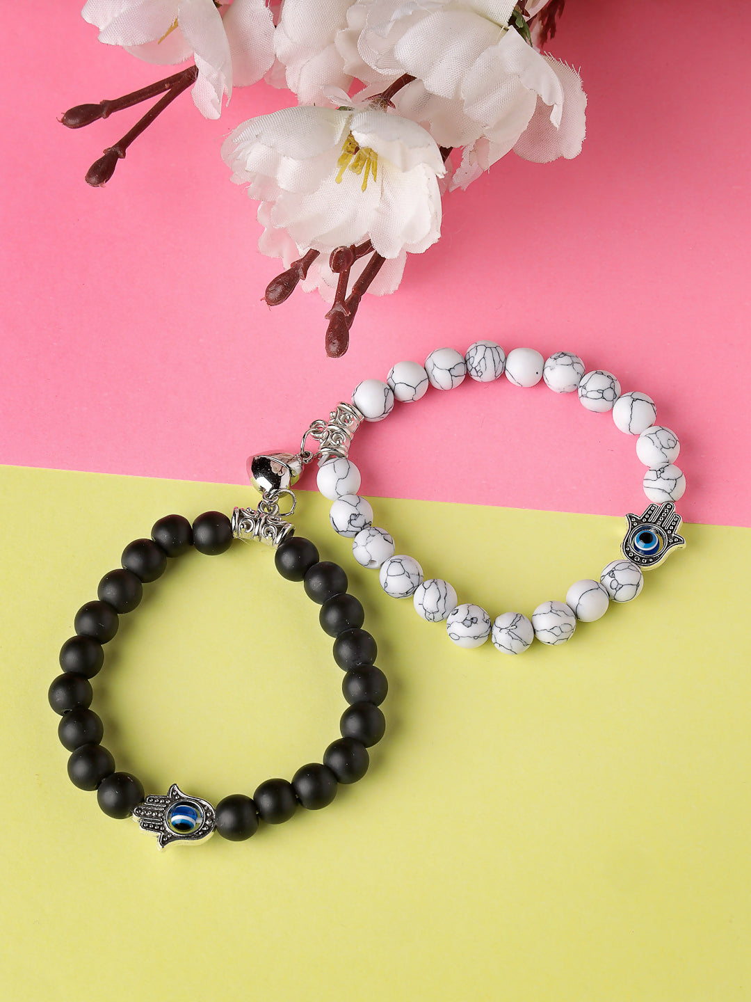 NVR Men & Women Set of 2 Black & White Marbel Crystal Bracelet | Grab2Buy