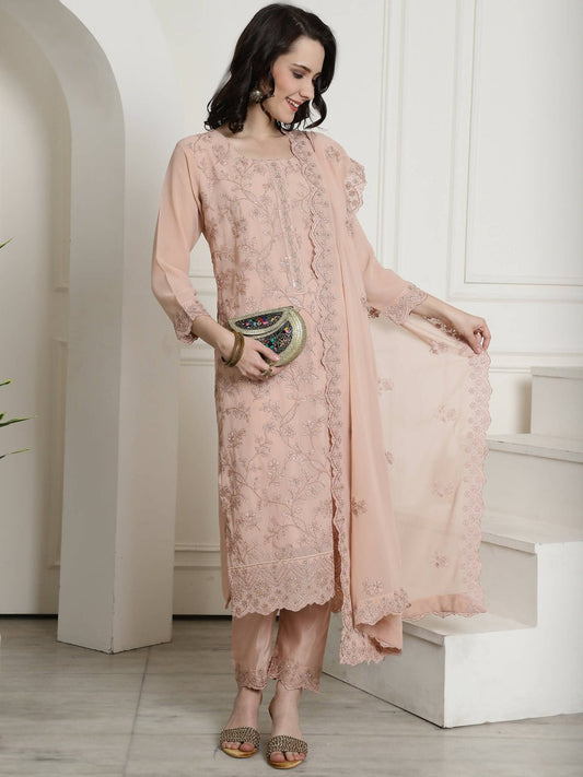 Aastha Fashion Women's Peach Georgette Floral Resham Thread with Cording & Crystal work Kurta with Trouser & Dupatta - Grab2buy