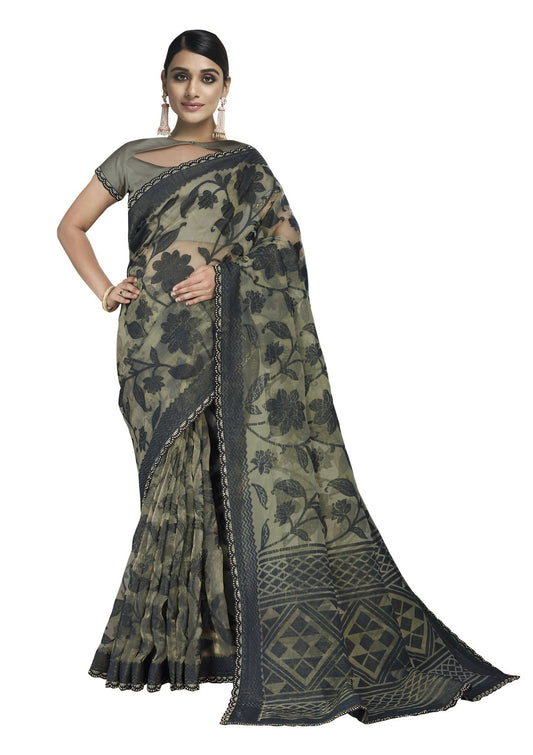 Green Weaved Zari Tissue Floral Saree With Blouse Piece - Norita Avyaan