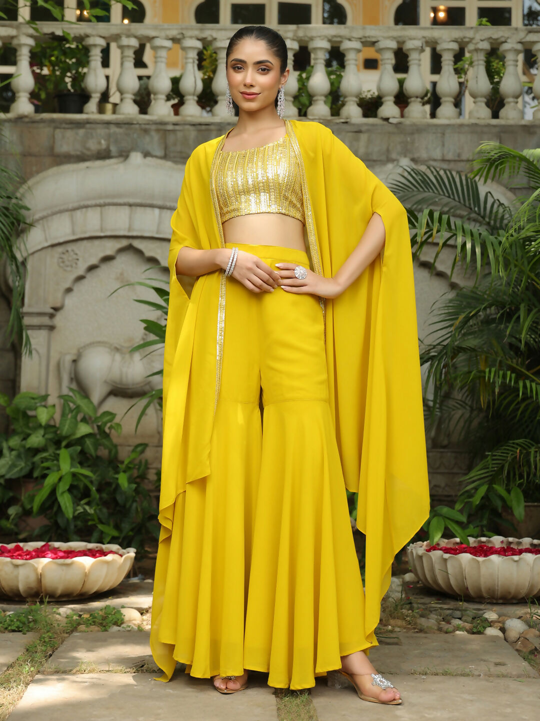 Janasya Yellow Georgette Sequined Top Bottom Cape 