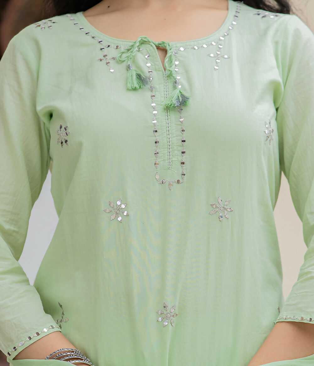 Kaajh Women's Green Mirror Embellished Cotton Suit Set