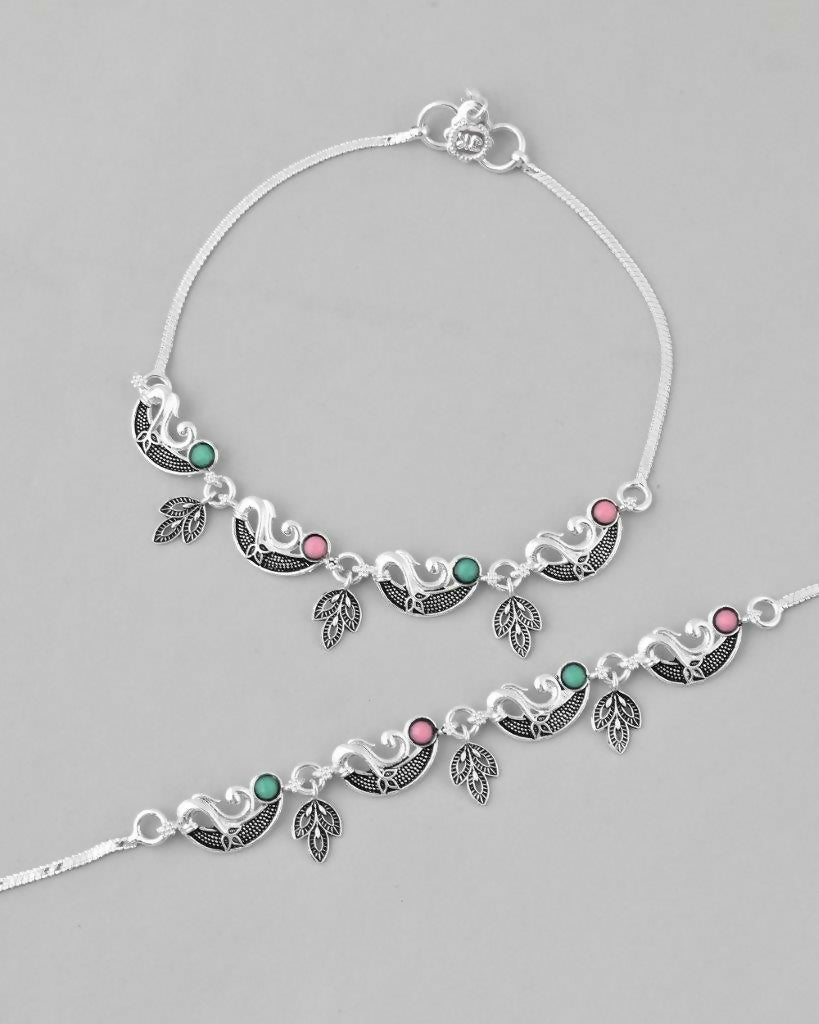 VOJ Set of 2 Silver Plated Multi Color Meenakari Anklet 