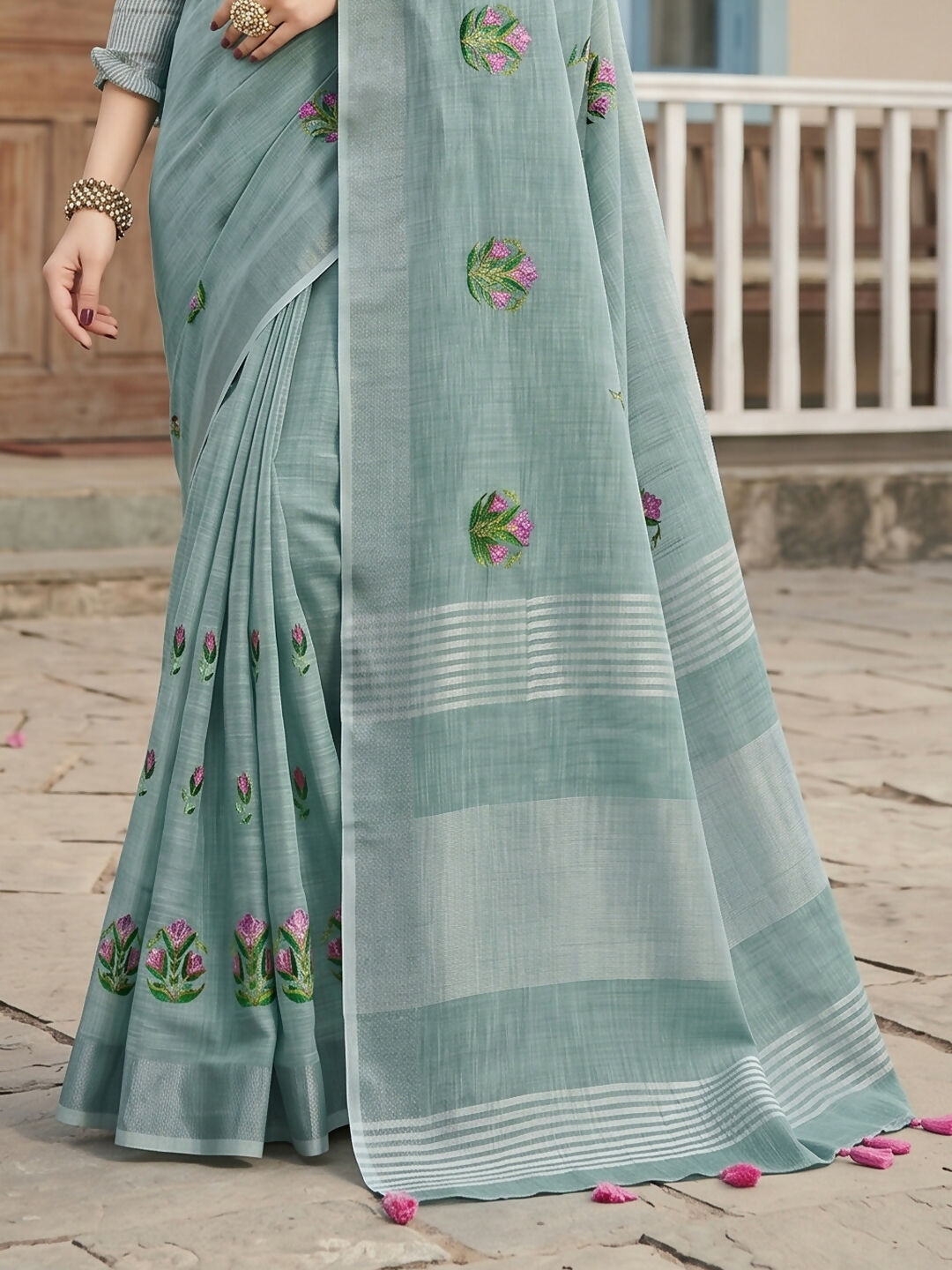 Shree Shyam Fashion Sea Green Linen Saree
