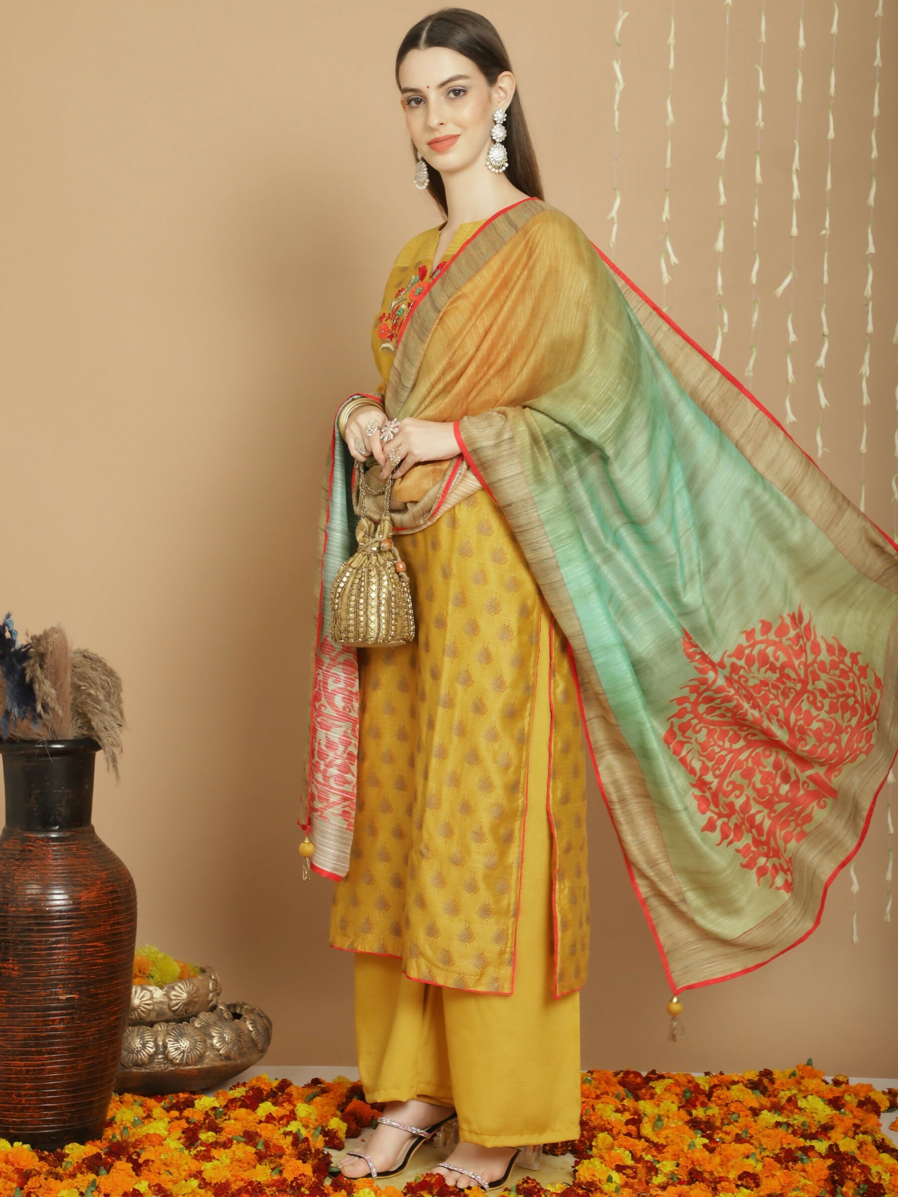 Jyoti Fashion Women's Yellow Chanderi Silk Elegant Jardoshi Semi Kurta with Trouser & Dupatta