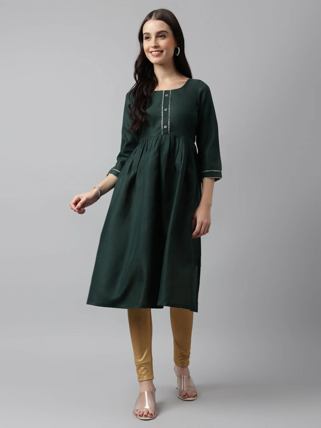 Green Poly Cotton Solid Nayra Cut Kurta - Tirtha