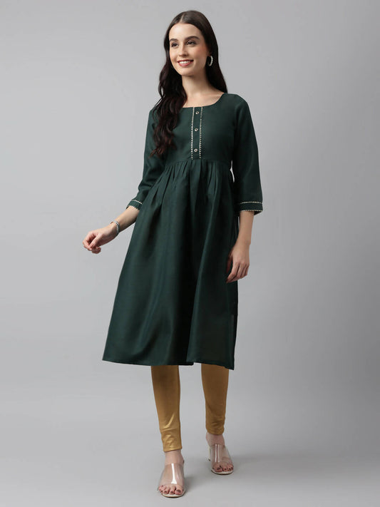 Green Poly Cotton Solid Nayra Cut Kurta - Tirtha
