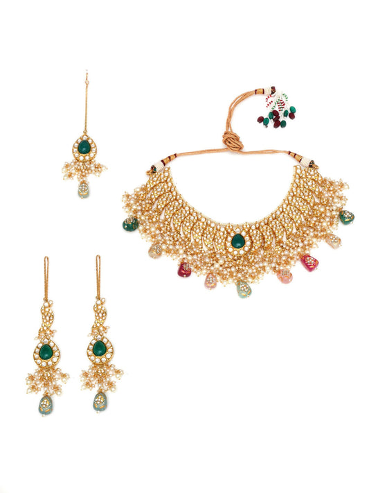 Kundan Choker with Matching Earrings & Maang Tikka Jewellery Set (Gold) - Ruby Raang - Grab2buy