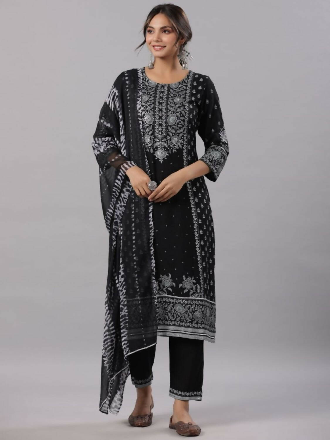 Juniper Women Black Rayon Staple Kalamkari Printed Kurta, Pants and Dupatta Set