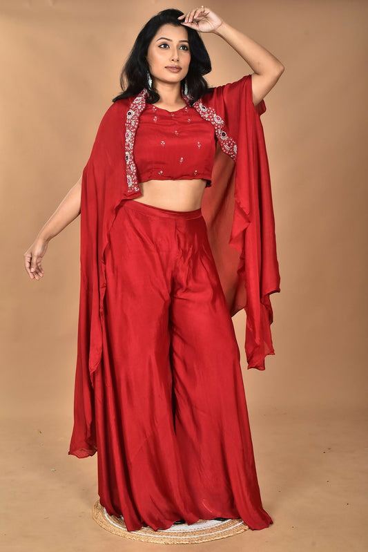 Morchari Women And Hand Embroidery Palazzo Set-Maroon 