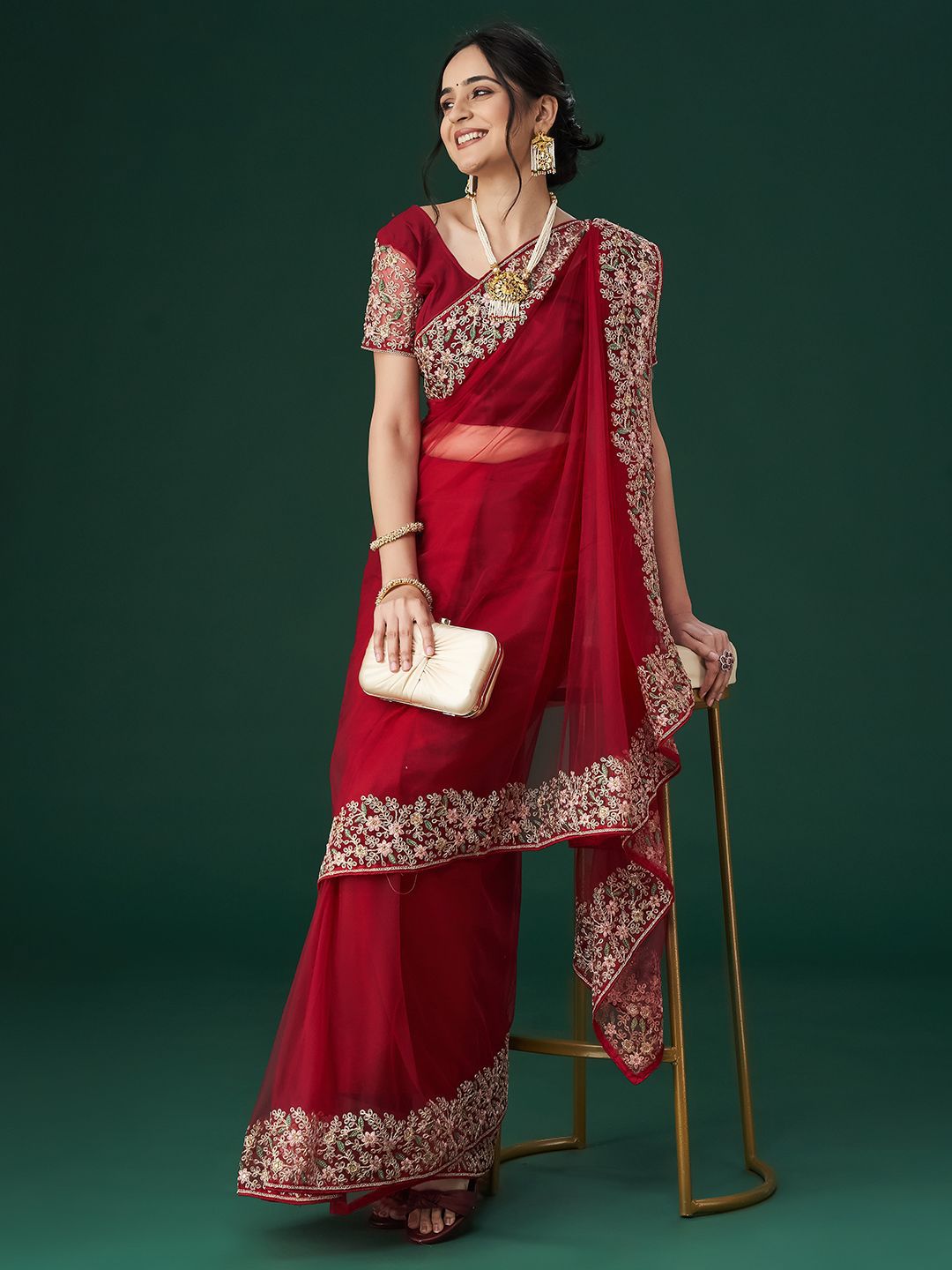 kasee Women's Aari Work Embroidered Net Sarees