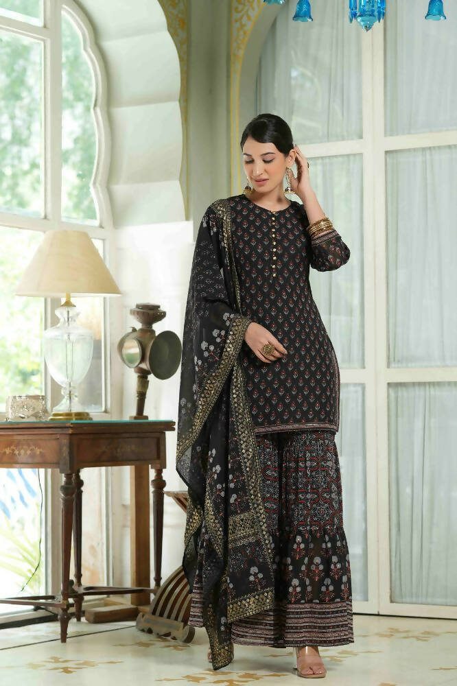 Juniper Black Georgette Festive Floral Print Straight Tunic-Sharara For Women 